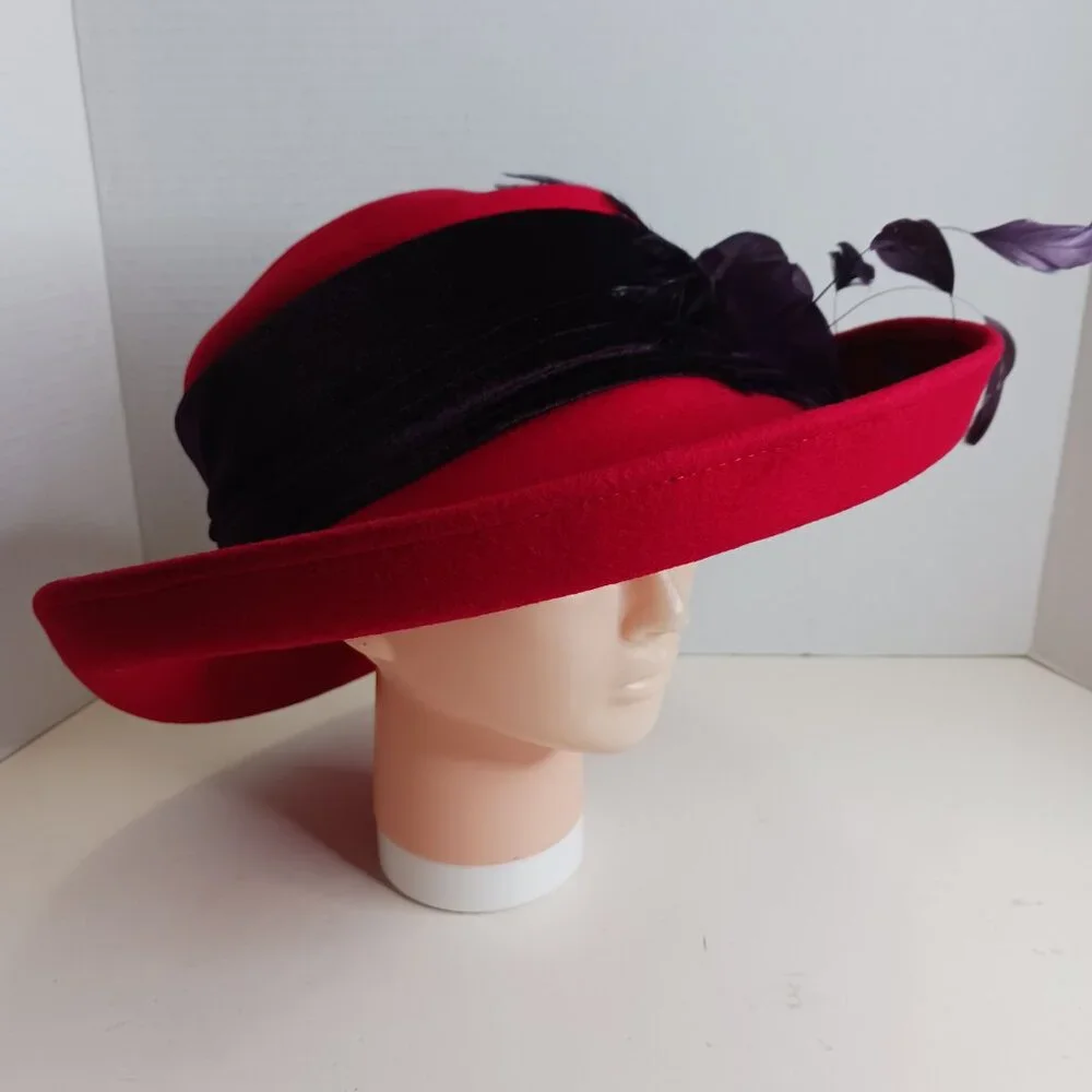 Vintage Derby Hat Fascinator Church Formal Wool Hat Red Purple - Picture 7 of 14